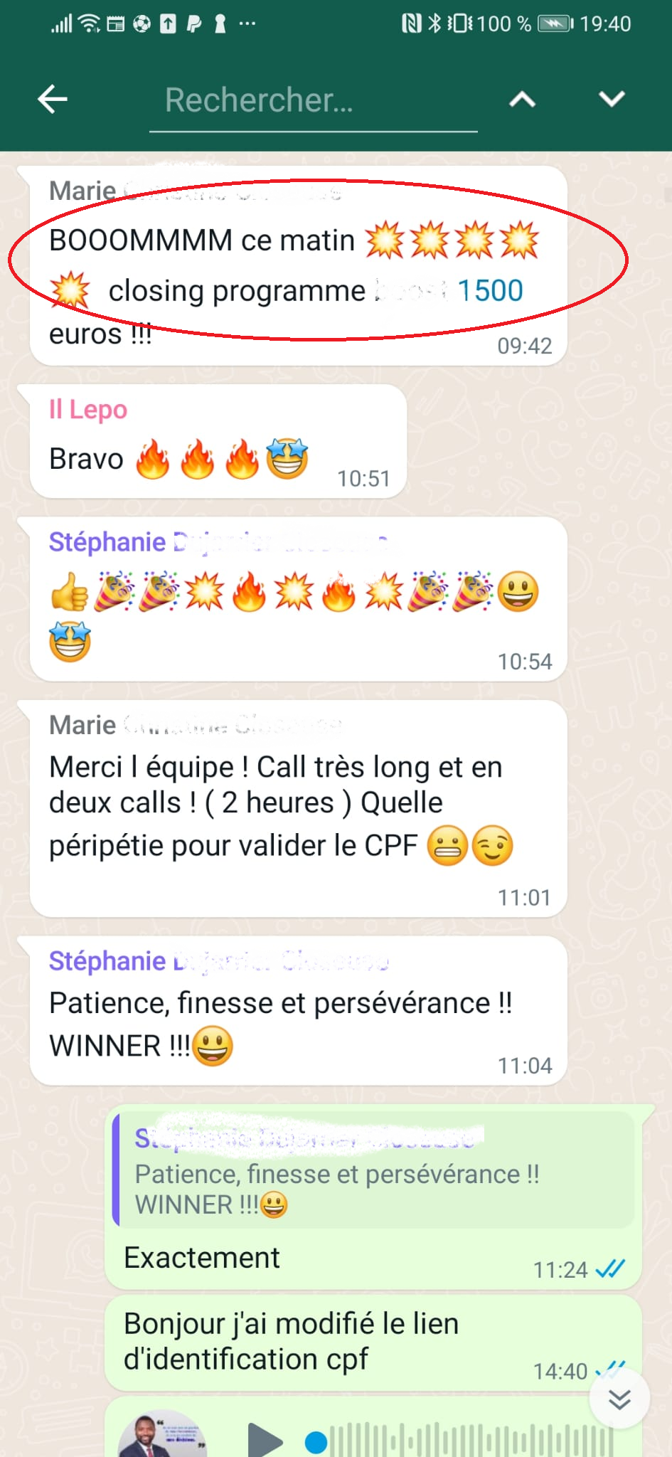 Témoignage WhatsApp - 1500€